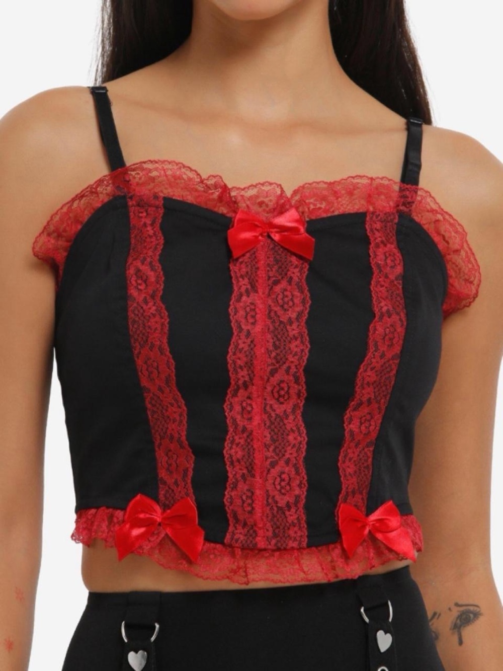Red & Black Lace Trim Corset Top